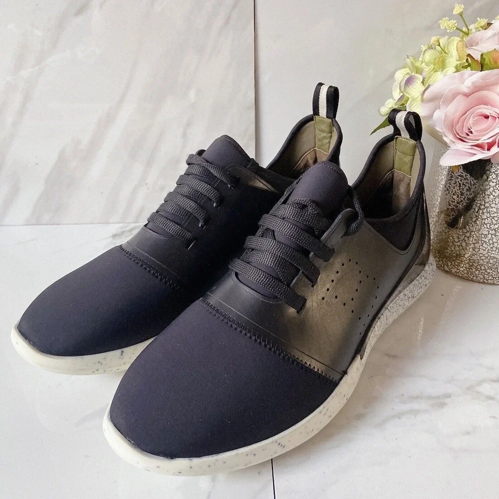 NEW BALLY Mens Logo Avro Leather & Neoprene Lace Up Trainer Sneakers Black US 8